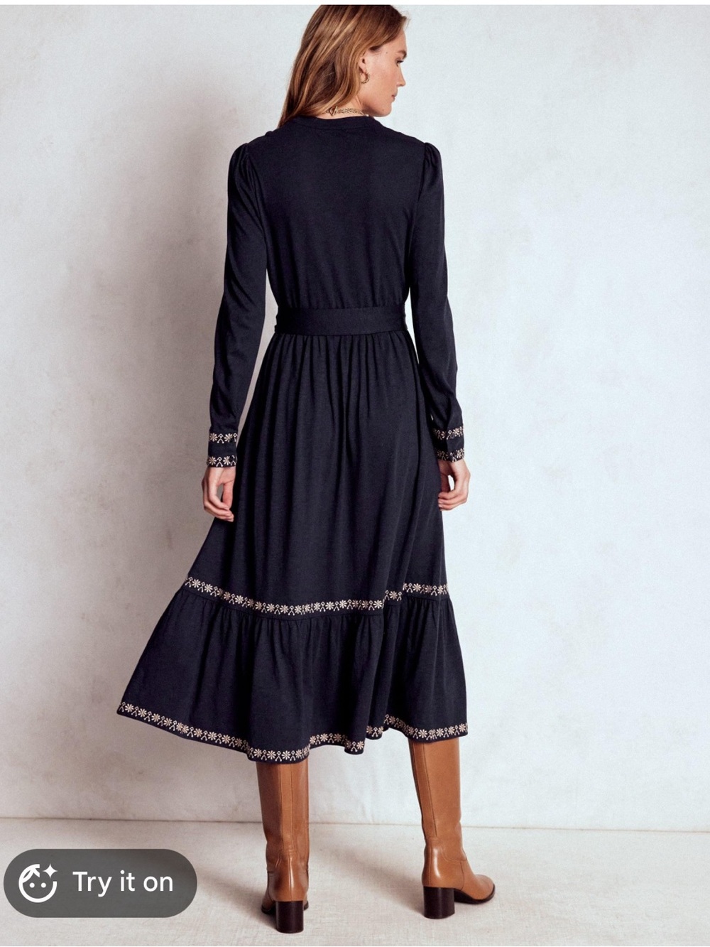 Boden Edwina Jersey Shirt Dress Midi Embroidered Navy Long Sleeve 14 Reg NWT - Picture 5 of 12